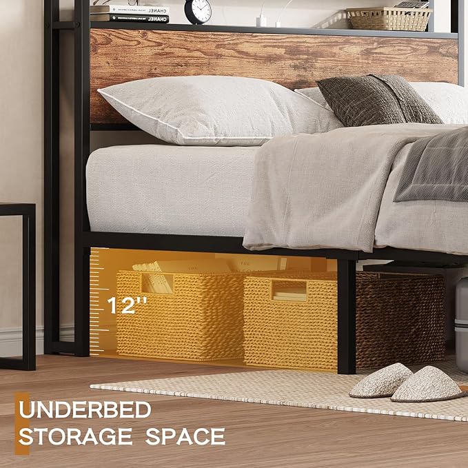 King Size Bed Frame with USB Charging Station &amp Storage Headboard Modern Metal Platform Bed with Large Under Bed Space Noise Free Easy Assembly No Box Spring Needed Rustic Brown