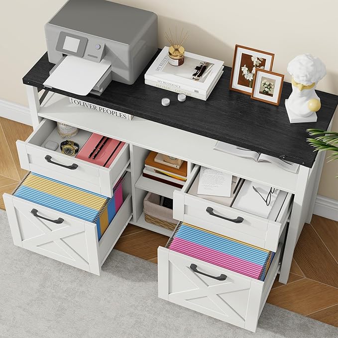 Lateral File Cabinets 4 Drawers with Open Storage Shelf Farmhouse Filing Cabinet with Adjustable Shelf for Home Office Filing Organization Storage Cabinets for Hanging Files Letter/A4. Black