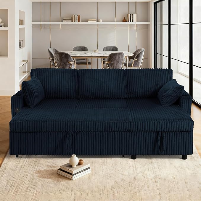 84 Corduroy Pull Out Sofa Bed w/Adjustable Backrests Sectional L-Shape Sleeper Sofa w/Storage Chaise Convertible Couch Bed w/USB Charging Port &amp Cup Holders for Living Room House Blue