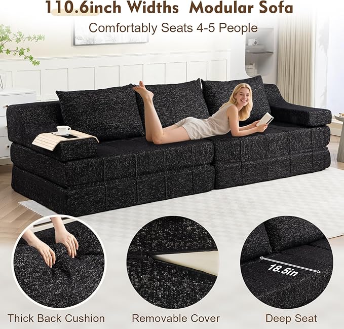 MEISSALIVVE Pull Out Sofa Bed Queen Size Sleeper Sofa Bed with Wide Armrest &amp Thick Cushion 2-in-1 Convertible Couch for Living Room No Assembly Required (Black)