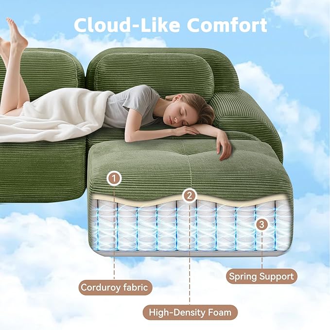 117.3 L Shaped Sectional Cloud Sofa Couch Corduroy Modern Memory Foam Boneless Modular Couches Chaise for Living Room Bedroom(3-Seater&amp2 OttomanGreen)