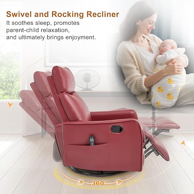 Manual Swivel Rocker Recliner Chair for Adults Overstuffed Reclining Glider Chair for Nursing with Vibration Massage &amp Heat Living Room Rocking Recliner 2-Stage backrest Faux Leather Red