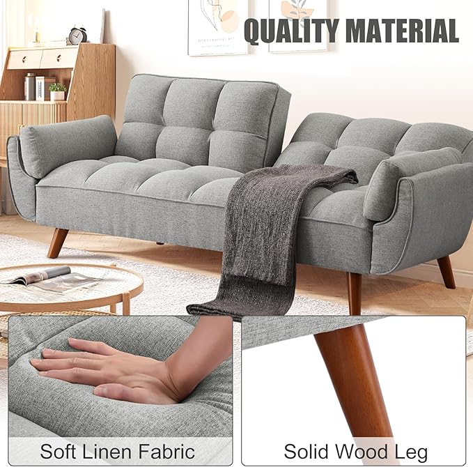 Convertible Futon Sofa Bed Sleeper Couch Bed with Adjustable Backrests Linen 3 Seater Small Couches for Small Spaces Living Room Bedroom(Gray 75)
