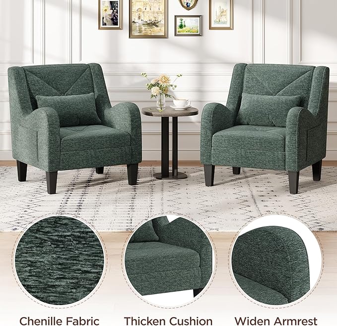 Maupvit Chenille Accent Chair for Living Room Bedroom Chair Comfy Reading Chair Upholstered Arm Chair Single Sofa Chair with Lumbar Pillow Mid Century Modern Chair for Small Spaces Green
