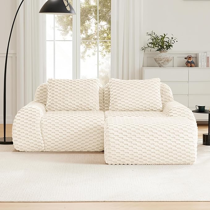 82'' Boneless Couch Modular Sectional Sofa Small L-Shaped Couch with Buckle Connection Anti-Slip Design Flannelette Fabric Couches for Living Room (Cream 2 Seat + 1 Ottoman)