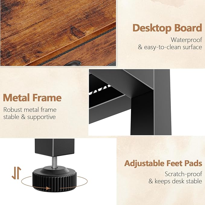 Furologee Small Computer Desk with 2 Fabric Drawers for Bedroom34 Inch Home Office Writing Desk Vanity Desk with Hooks Simple Study Desk for Small Spaces Makeup Dressing Table Rustic Brown