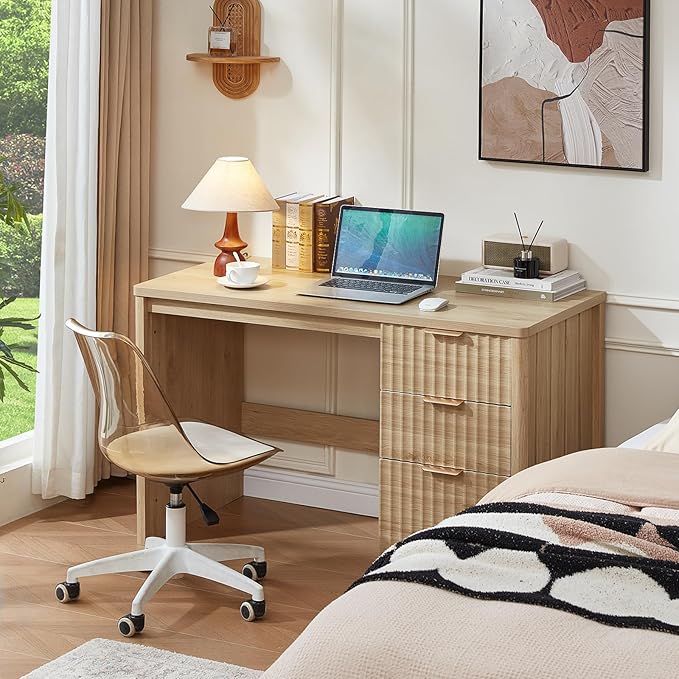 LEYAOYAO Office Desk 48 with 3 Drawers Storage File Cabinet Wood Fluted Desk for Computer Office Bedroom Home Furniture Natural