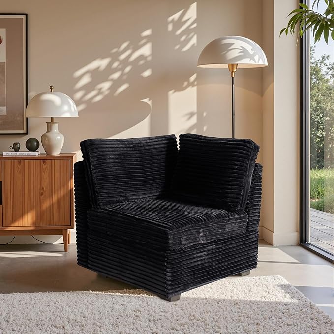 32.7'' Corner Seat for Modular Sectional Sofa Deep Seat Upholstered Convertible Sleeper Sofas L/U/V Shaped Plush Corduroy Cloud Couch for Living Room Apartment Black
