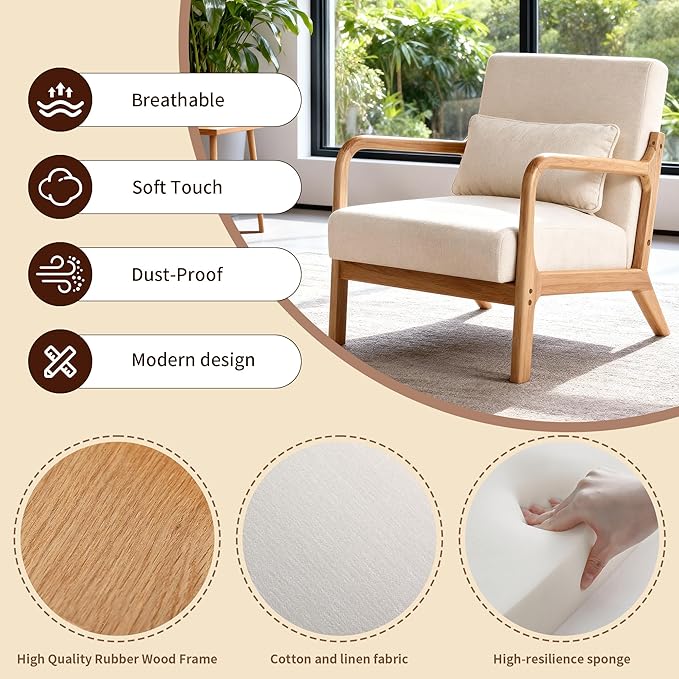 KEIKI 31 Linen Accent Chair with High Density Foam Cushion and Detachable Lumbar Pillow Upholstered Oversized Single Sofa Chair Easy Assembly for Living Room Bedroom Apartment Office White