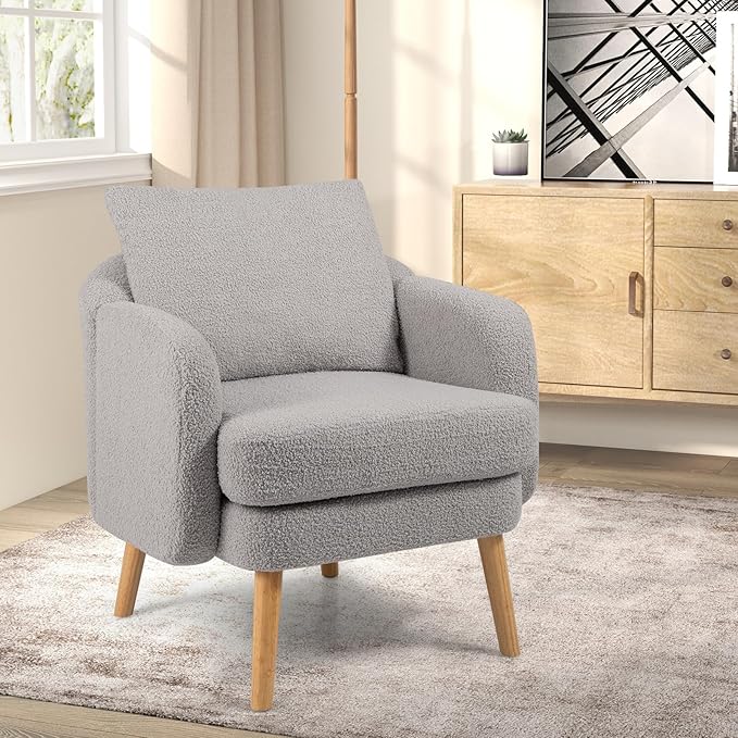 Giantex Sherpa Accent Chair Modern Upholstered Single Sofa Chair with Back Pillow &amp Solid Rubber Wood Legs Teddy Barrel Arm Chair for Reading Living Room Bedroom Office Grey