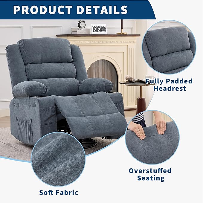 Swivel Rocker Recliner Chair for Adults 360° Rocking Manual Glider Sofa with 3 Positions 2 Cup 4 Pocket for Living Room or Nursery (Blue)