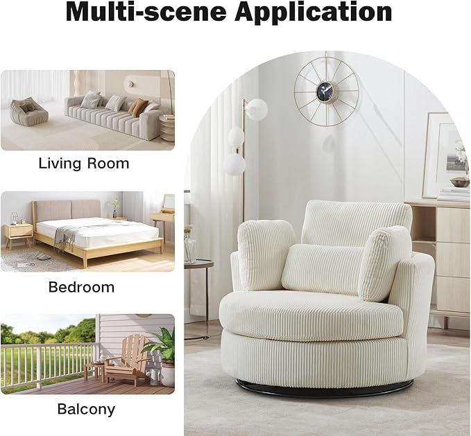 Chifee &amp Vingol 42 Oversized Swivel Accent Chair Round Barrel ChairCorduroyIvory