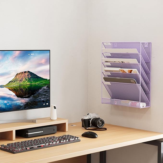 EasyPAG 5 Tier Wall File Holder Mesh Hanging Folder Organizer with Classify Label Versatile Desk File Holder Vertical Wall Mounted Mail Organizer for Office Home Cubicle Purple