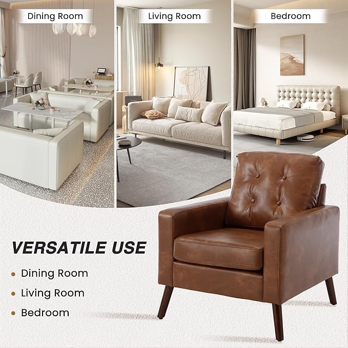 Wahson Accent Chairs Set of 2 Faux Leather Tufted Single Sofa Brown Oversized Club Chair Mid Century Modern Armchair with Wood Legs for Reading/Living Room/Bedroom