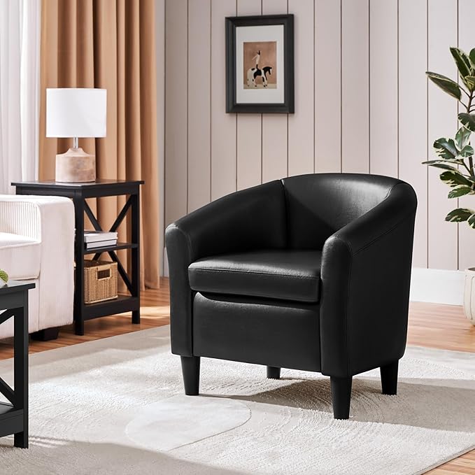 Topeakmart Faux Leather Club Chair Modern Accent Chair and Cozy Barrel Armchair with Sturdy Legs for Living Room Bedroom Reception Room Black