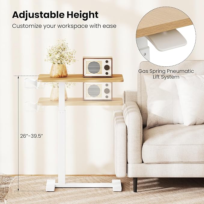 GOFLAME Rolling Standing Desk C Shaped End Table Adjustable Height with Hidden Wheels Cup Holder &amp Headphone Hook Mobile Sofa Couch Bed Side Table for Living Room Home Office (Natural)