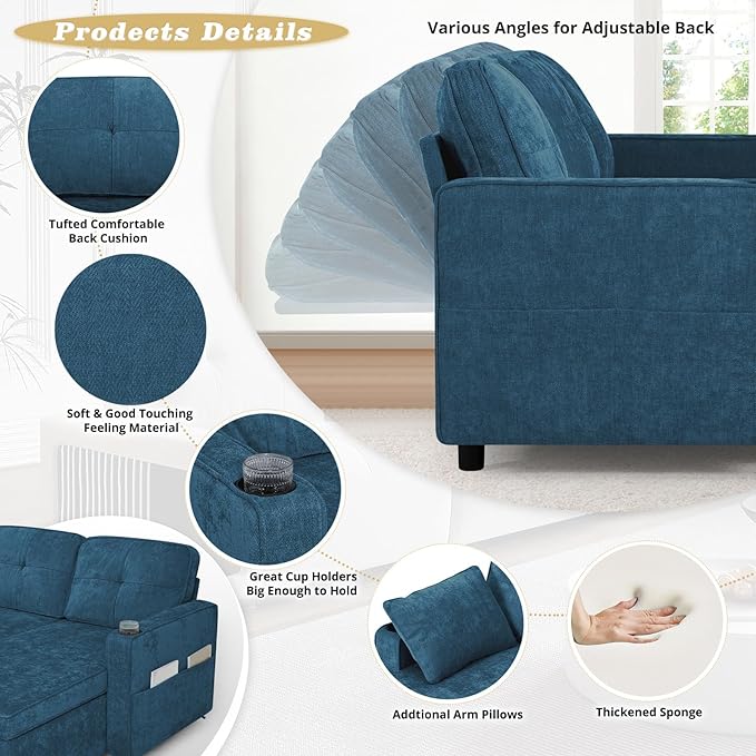 84“ Chenille Sectional Sofa w/Pull-Out Sofa Bed &amp Adjustable Backrest Tufted L-Shaped Couch w/Storage Chaise Sleeper Sofa w/USB Port &amp Cup Holders for Living Room Blue
