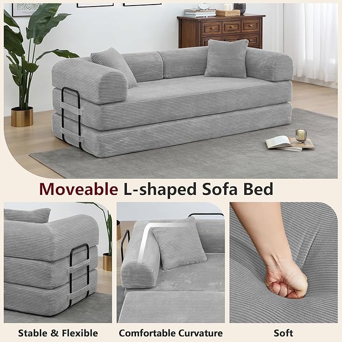 JJJ 78 inch Sofa Bed 4-in-1 Boneless Convertible Corduroy Sleeper Folding Couch with Fixed-Shape Frame and 2 Futons No Assemble Required 3 Seater Upholstered for Living Room (Light Grey 78 inch)