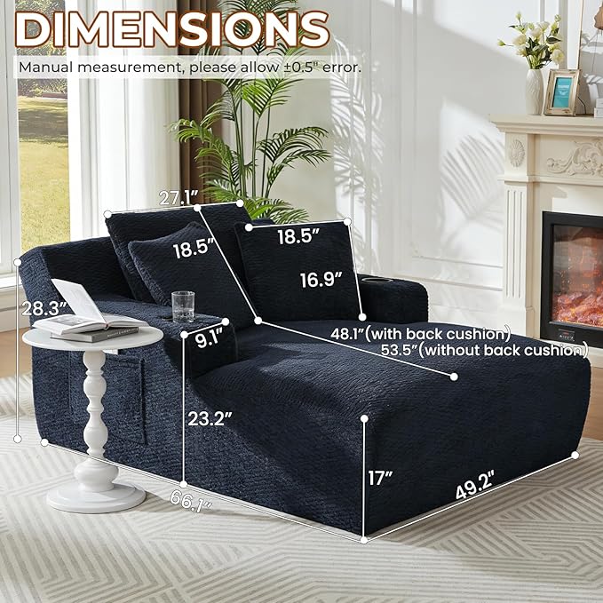 Avenix 66 Boneless Oversized Chaise Lounge Chair Indoor Boneless Chaise Lounge Chairs Cloud Sleeper Sofa Couch Bed with 3 Pillows for Living Room Fluffy Boneless Oversized Reading Chairs Dark Blue