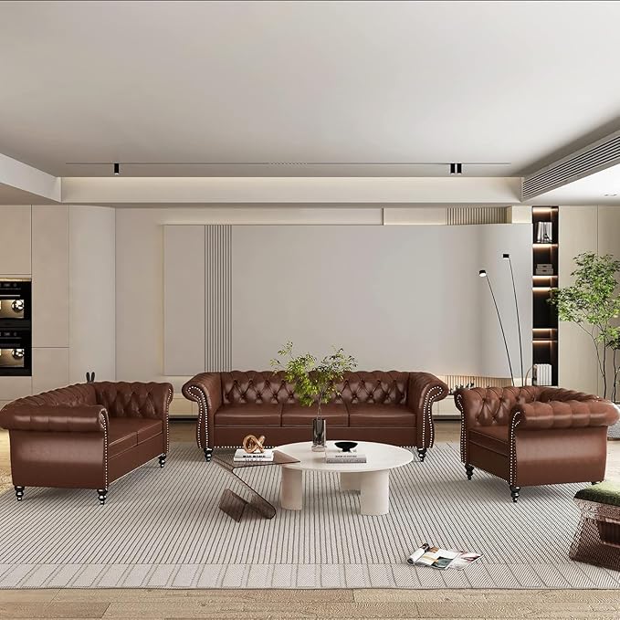 Living Room Chair Modern Leather Chesterfield Sofa Chair Mid Century Single Sofa Couch Chair with Tufted Back and Rolled Arms Accent Sofa Chair for Living Room Apartment Brown