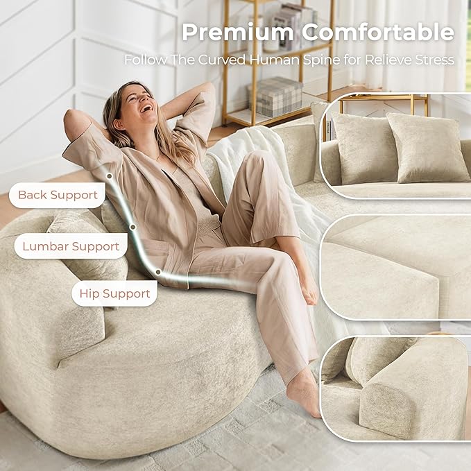 112'' Oversized Curved Modular Sectional Sofa Upholstered Chenille Boneless Couch Comfy Cloud Compression Sofa with Extra Deep &amp Wide Seat for Living Room Apartment Office Beige