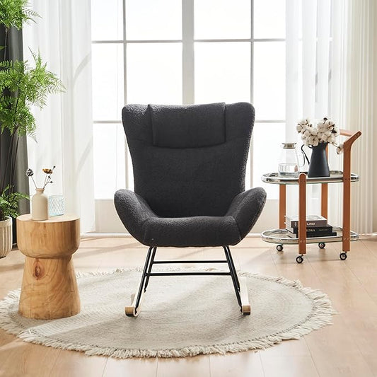 Generic Rocking Chair Nursery Solid Wood Legs Reading Chair with Fabric Upholstered Nap Armchair for Living Rooms Bedrooms Offices Best GiftGrey Fabric