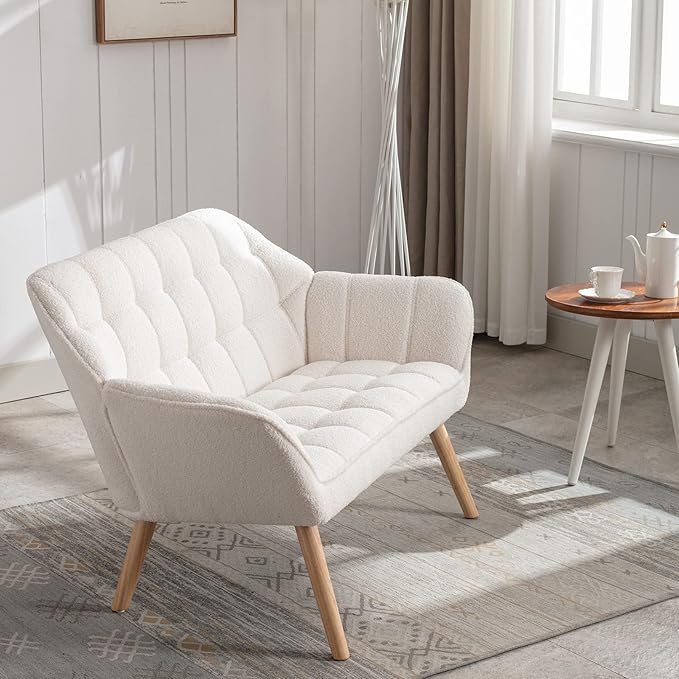 48 Small Loveseat for Small Spaces Upholstered Fluffy White Loveseat Sofa Mid Century Modern 2-Seater Couch with Armrest and Wood Legs for Bedroom Living Room Apartment White