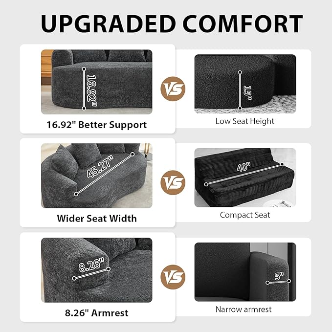 64 Small Loveseat Sofa Mordern Curved Chenille Couch with 3 PillowsNo Assembly Needed Comfy Cloud Loveseat Couch for Small SpacesLiving Room Apartment Full Compression Sponge (Grey 64 Inch)