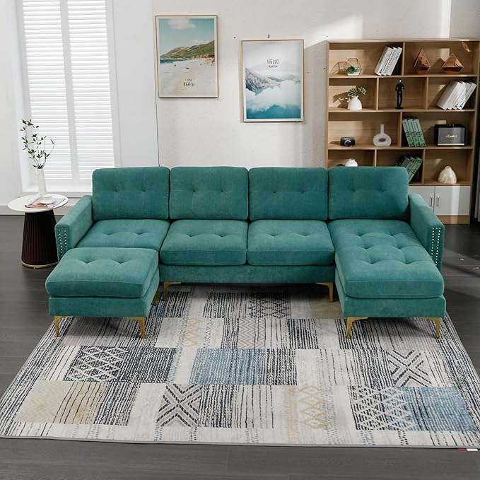 kevinplus 111 Velvet Sectional Sofa Couch for Living Room Modern Contemporary L-Shaped 4-Seat Tufted Sofa Couch with Chaise Lounge &amp Ottoman for Apartment Office Strong Metal Leg Green