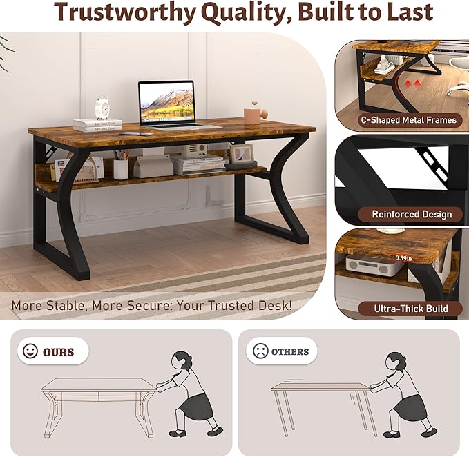 StarGraph Computer Desk 47 Inch Large Computer Desk with Storage Shelf Home Office Desk with C Shaped Metal Frame Writing Work Study Student Home Bedroom Office (Brown 47inch)