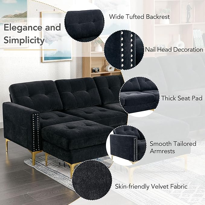 Merax Velvet L-Shape Sofa 4 Seat with Chaise and Movable Ottoman 110.6 Sofa Couch for Living Room Apartment Office (Black)
