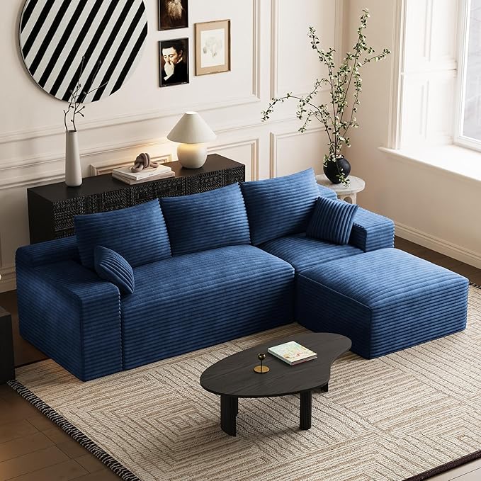 108 Boneless Couches for Living Room Comfy L Shaped Sectional Couches Modern Deep Seat Modular Sofa Cloud Fluffy Corduroy Couch with Movable Ottoman No Assembly Needed Blue