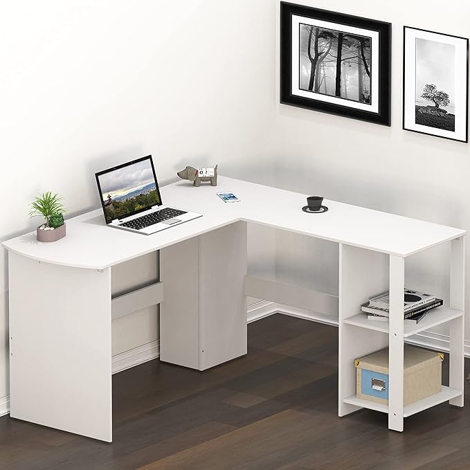 SHW 51 x 51 Inches L-Shaped Home Office Wood Corner Desk wtih Storage White