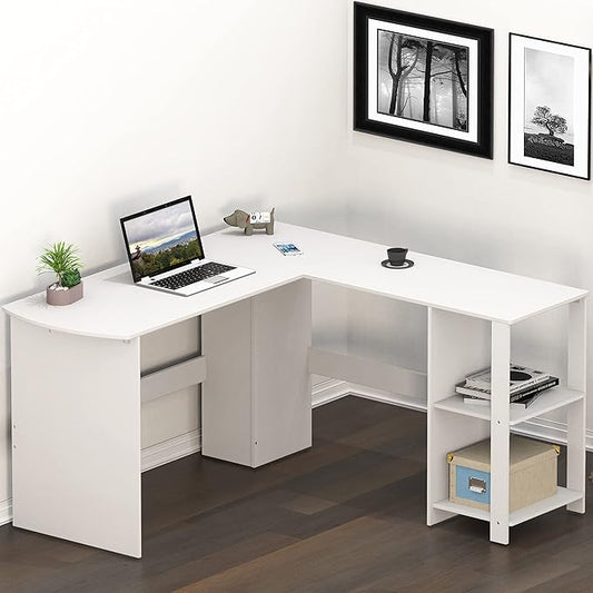 SHW 51 x 51 Inches L-Shaped Home Office Wood Corner Desk wtih Storage White