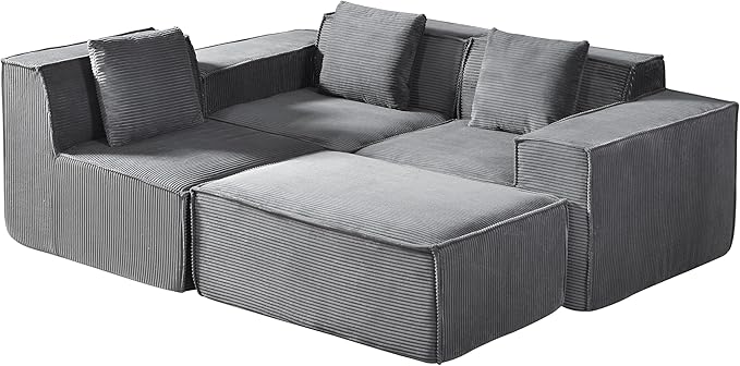 Rowan Convertible Corduroy Sectional Couch with Ottoman &amp Pillows Modular L Shaped Sleeper Sofa Boneless Cloud Couch for Living Room Furniture Dark Grey