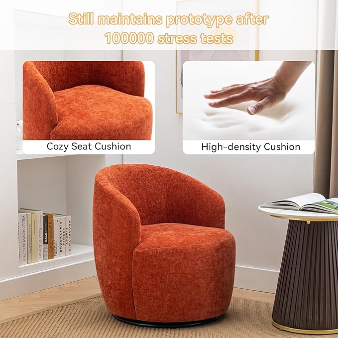 360 Degree Swivel Accent Chair Modern Barrel Vanity Chair with Back Comfy Single Circle Couch for Living Room Bedroom Reading Nook (Chenille Orange)