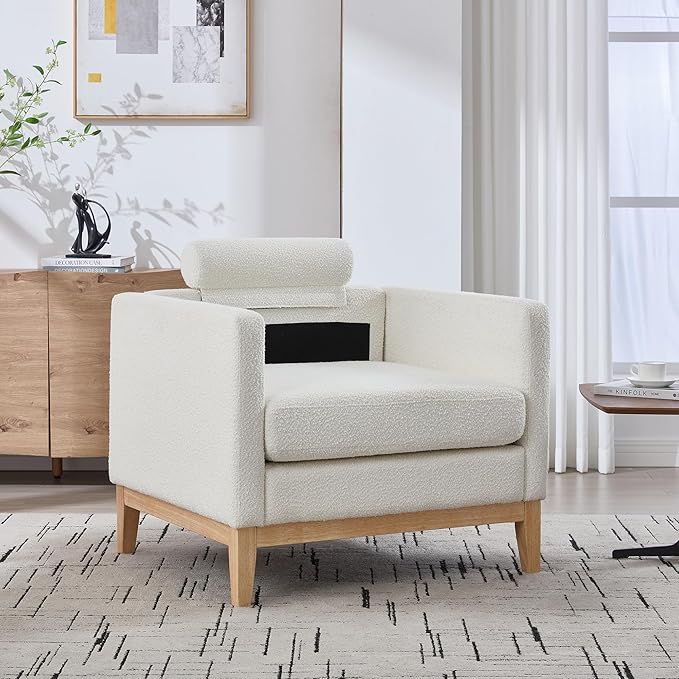 35.4 Modern Boucle Accent Chair with Deep Seat Oversized Wooden Upholstered Armchair Single Sofa Lounge Reading Chairs Large Accent Chair for Living Room/Bedroom/Office (Ivory &amp Style 1)