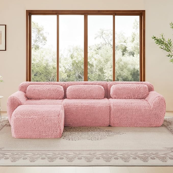 114.7”Boneless Cloud Couches Soft Fluffy Plush Fabric Modular Sectional L Shaped Sofa Couch with Ottoman 3-Seater Pink Couches Comfy Sofa for Living Room