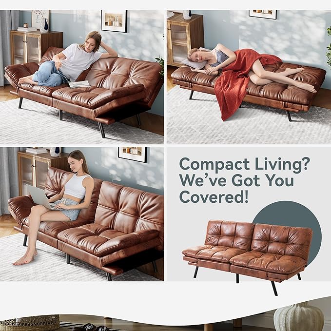 Vyfipt Convertible Futon Sofa Bed Brown Faux Leather Futon Couch with Adjustable Backrest &amp Armrests Folding Small Recliner Sleeper Sofa Bed for Living Room Apartment Office