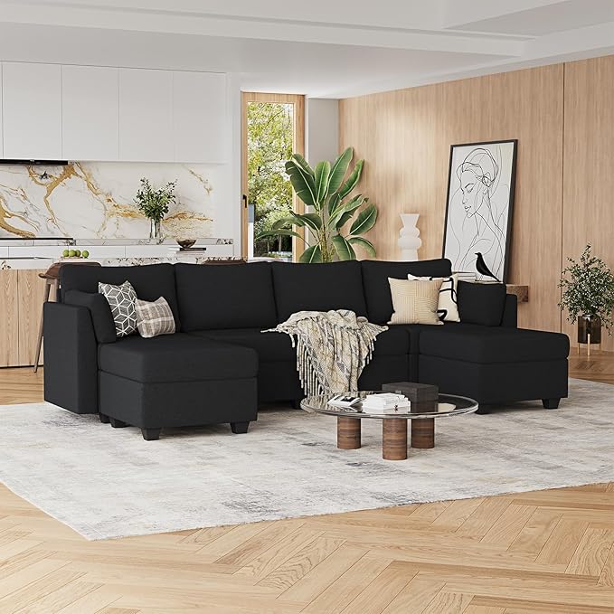 114.17 Modular Sectional Sofa 6 Seat Sectional Couches with Storage Memory Foam Convertible Modular Couch for Living Room U Shaped Comfy Modular Sofa with Chaise Black