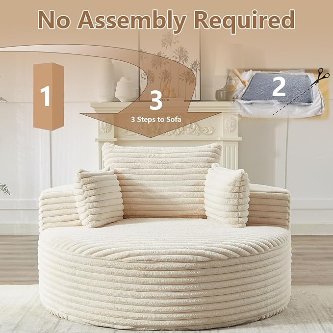 Oversized Round Chaise Lounge Chair Indoor 55'' Corduroy Deep Seat Circle Single Floor Sofa Chairs Modern Upholstered Sponge Armchair Cloud Sleeper Chair for Living Room Bedroom Apartment Beige