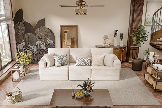 JUMMICO Boneless Couch with Deep Seat and Ottoman Modular Sectional Sofa with Body Support Corduroy Couches for Living Room Apartments Bedroom No Assembly Required (Beige Three Seater)