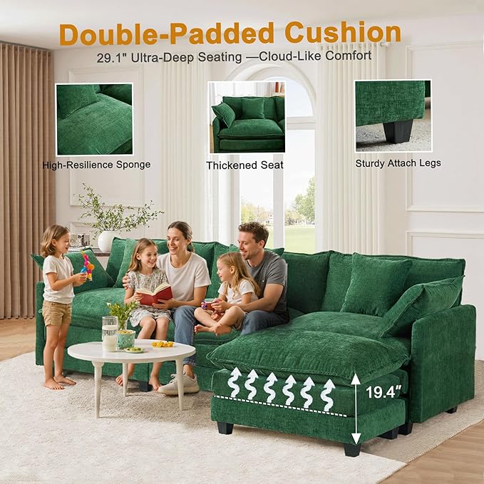 111.4 L-Shaped Cloud Chenille Sofa Sectional Couch with Reversible Chaise Flexible 3+1 Layout for Large Spaces Deep Seat and Free Pillows Included