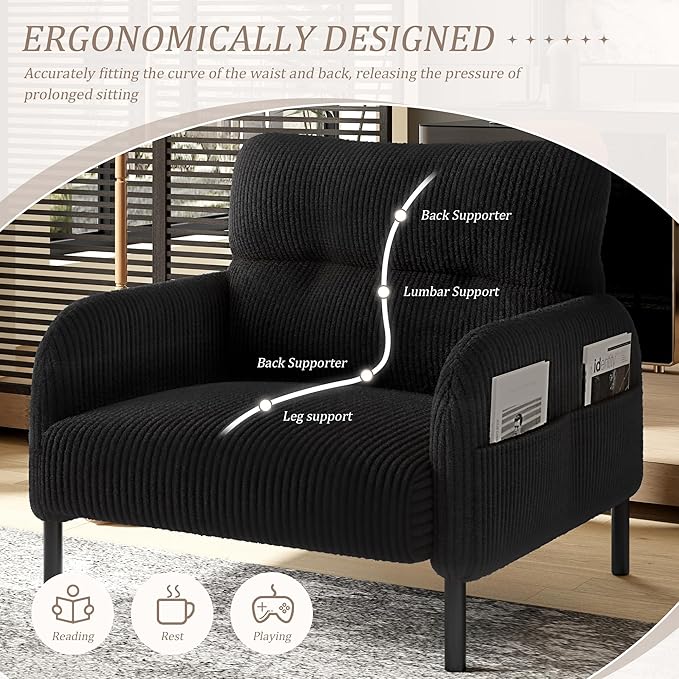 Black Accent Chair - Corduroy Living Room Chairs with Side Storage Pockets and Durable Legs Comfy Arm Reading Chair with Soft Backrest for Bedroom Balcony Study Room