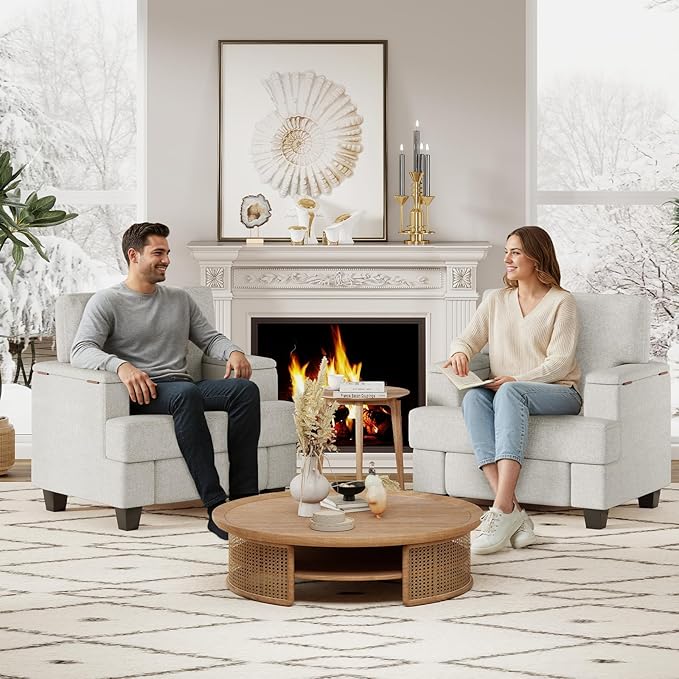 Furniliving Modern Oversized Accent Sofa Chair Set of 2 Comfortable Living Room Lounge Armchair with Storage Armrest Upholstered Reading Gaming Chair for Apartment Living Room Bedroom White