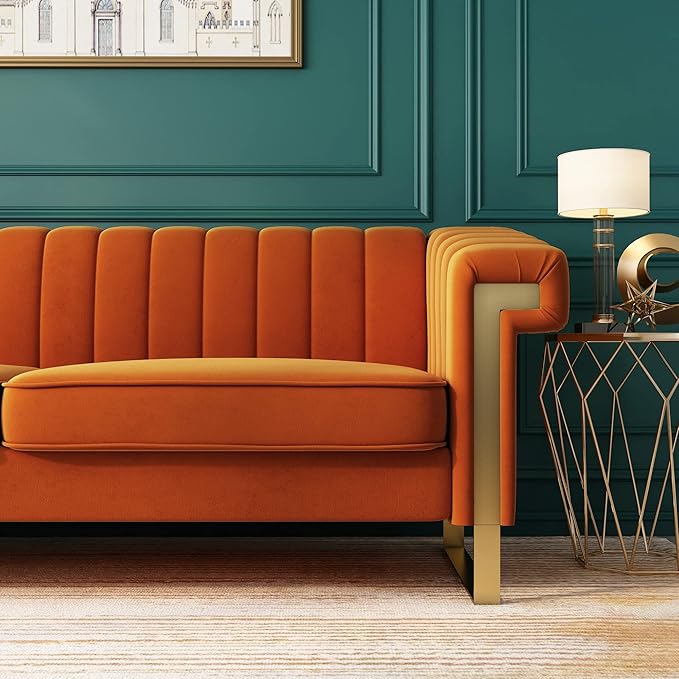 83'' Orange Velvet Couch Sofa Mid-Century Modern Love Seat Chesterfield 3 Seat Couches Sofa for Living Room Apartment (Orange)