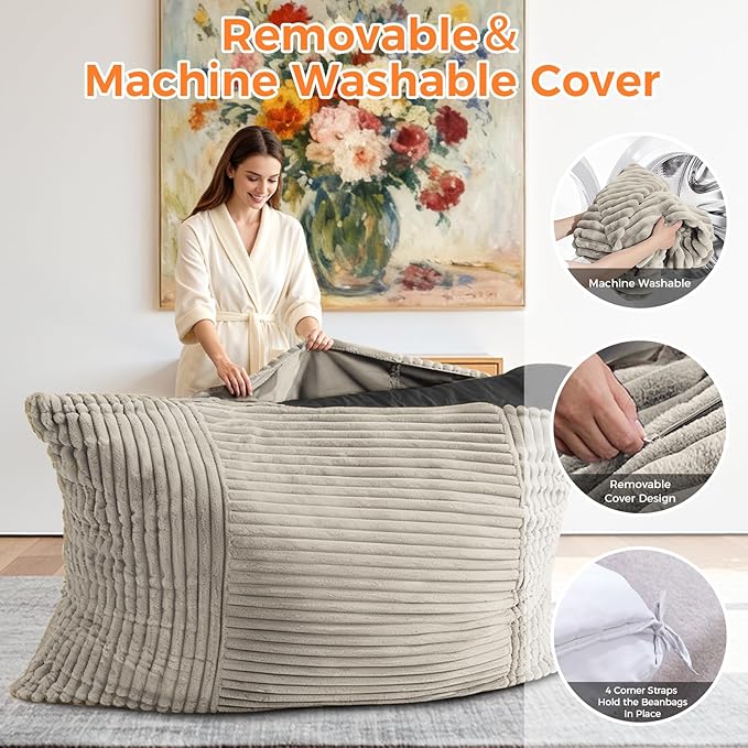 3 in 1 Giant Bean Bag Chair Convertible Bean Bag Bed for Adults and Kids Oversized Comfy Memory Foam Floor Sofa with Machine Washable Cover for Living Room Bedroom &amp Dorm(Taupe)