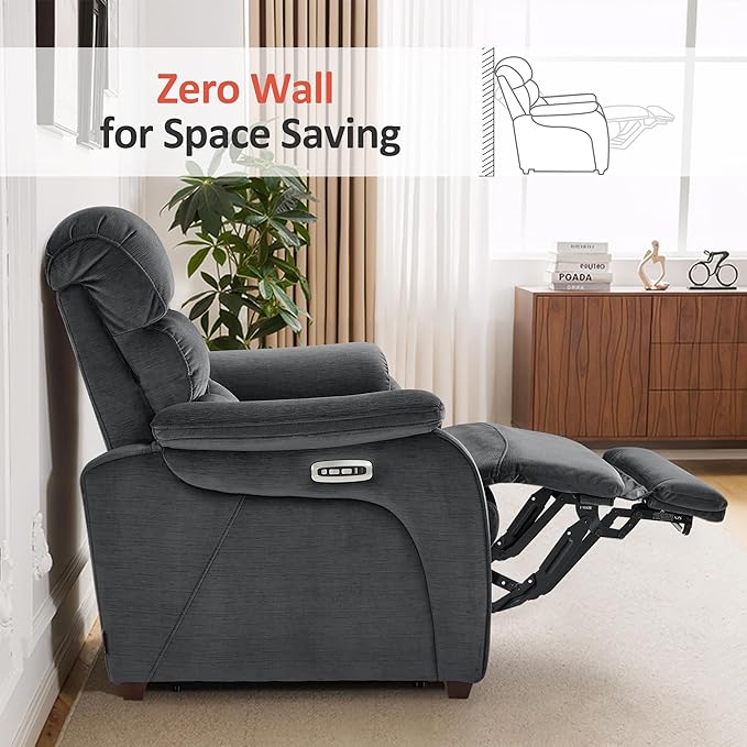 MCombo Power Zero Wall Hugger Recliner Chair for Small Space RV Living Room Power Recliner with Adjustable Headrest USB &amp USB-C Charging Ports Fabric ST257 (Dark Grey)
