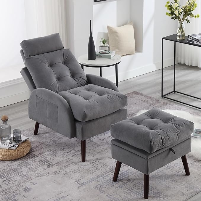 Chair with Ottoman SetAccent Chair with Ottoman Storage and Adjustable BackrestComfy Reading Lazy Lounge Chair and Ottoman with Side Pocket for Living RoomBedroomVelvet Dark Grey