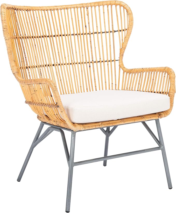 SAFAVIEH Home Collection Lenu Rattan White Cushion Accent Chair Natural/Black (ACH6510B)